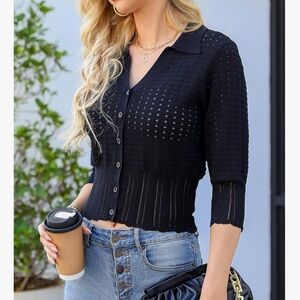 Elegant Black Women's pointelle cardigan 3/4 collared Sweater